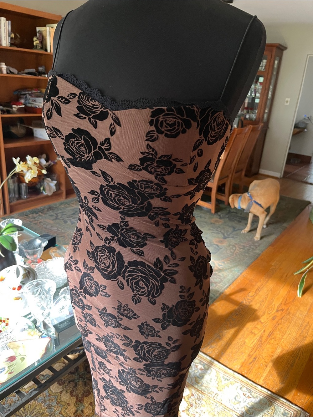 Elegant Brown Floral Lace-Trim Bodycon Dress